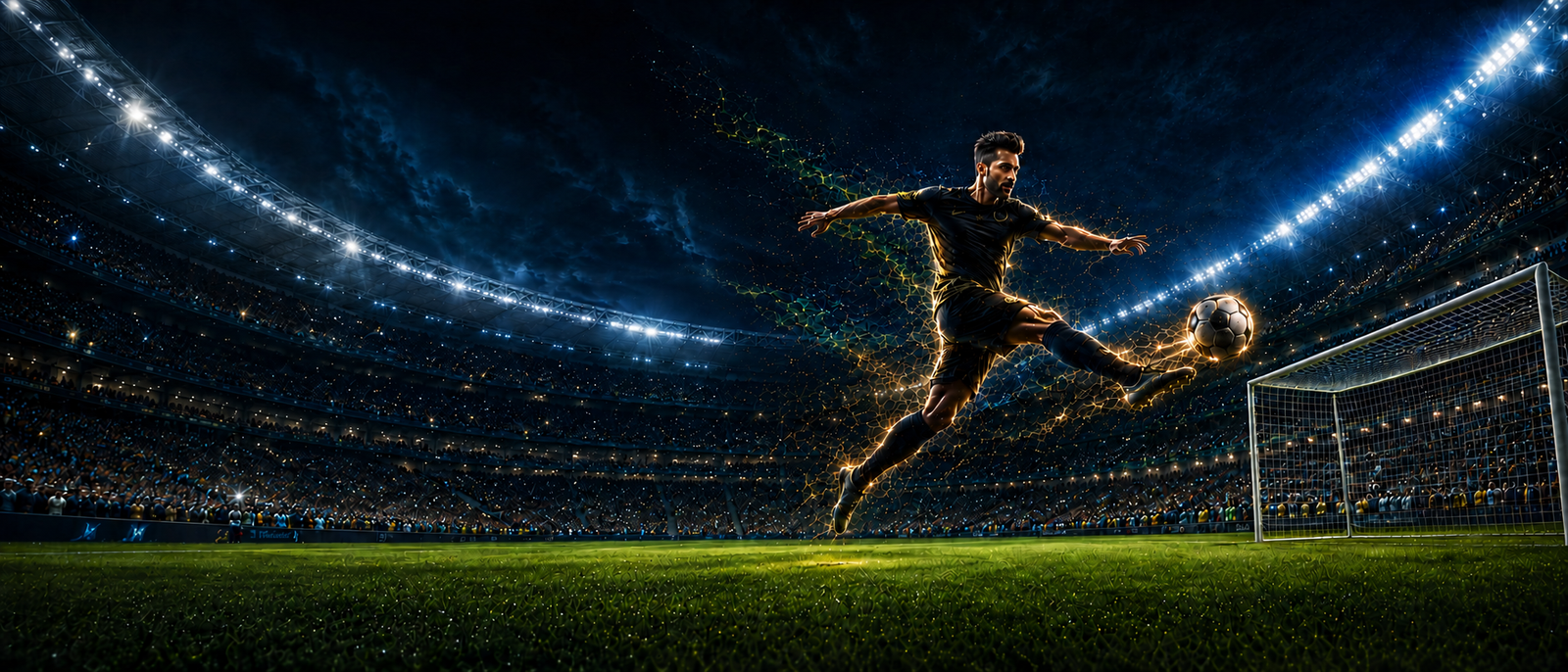 GOALDIGGER — Find Your Match. A floodlit stadium at night, a player striking the ball toward goal